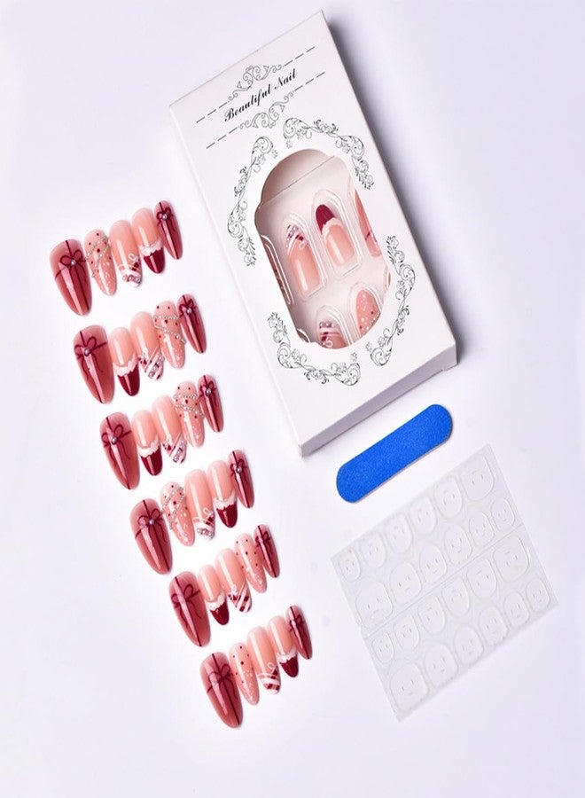 LRKNNO 30Pcs Christmas French Tip Press on Nails Medium Almond Fake Nails Nude Pink Glossy Glue on Nail with Pearl Rhinestone Red Bow Ribbon Designs Reusable Winter False Nail Xmas Acrylic Nails for Women - Image 5